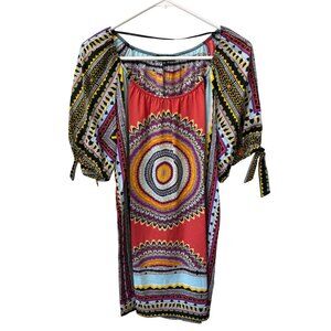 Glam Short Sleeve Tunic Shift Dress Size Small Multicolor Mandala Tribal Hippie